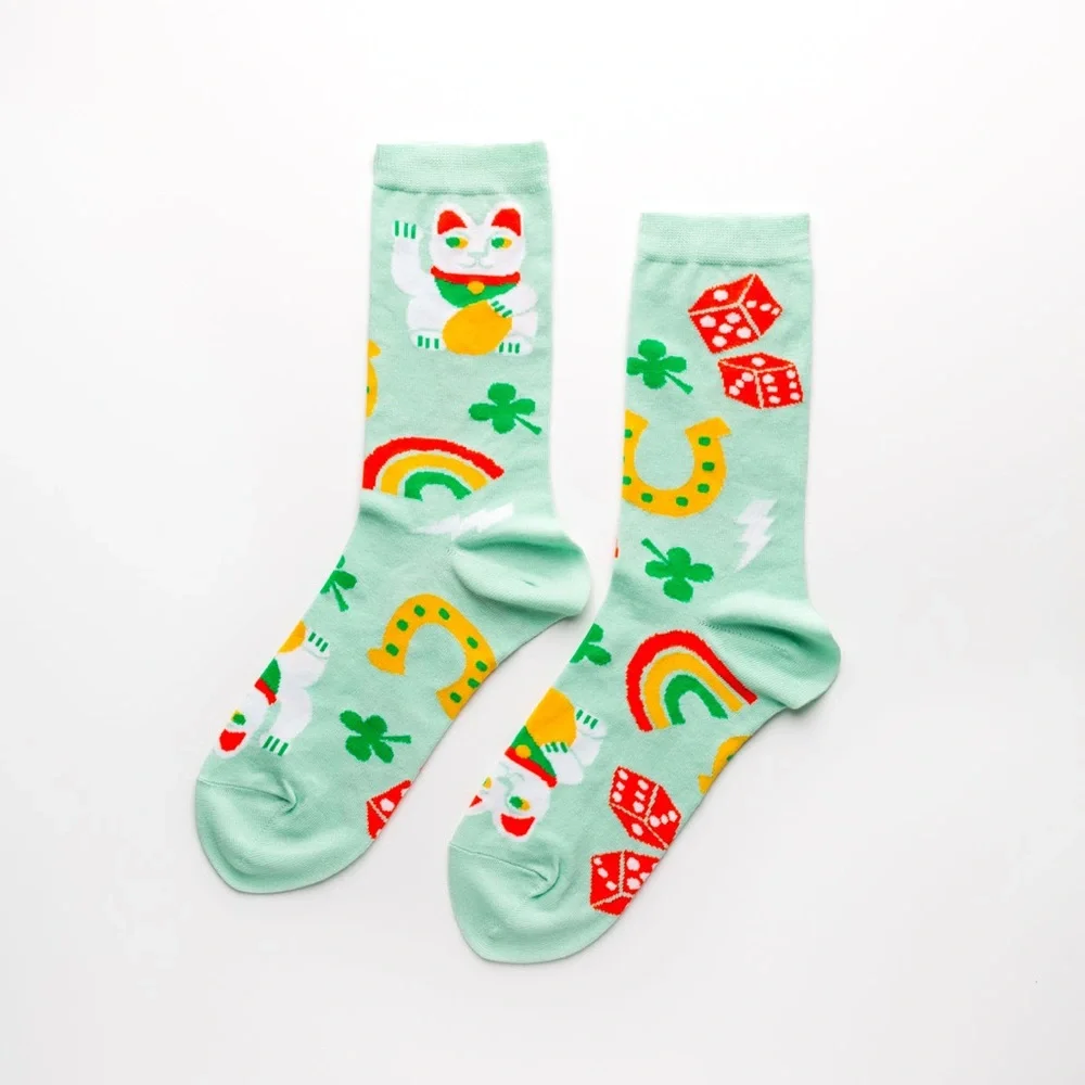 YELLOW OWL WORKSHOP COTTON WOMENS CREW SOCKS LUCKY CAT AND CLOVER OS NWT